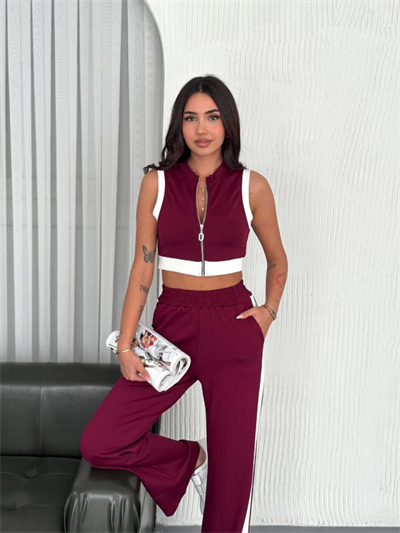 Osy Modal Yumuşak Dokulu Kumaş Tam Fermuarlı Crop Pantalon İkili Takım - Bordo