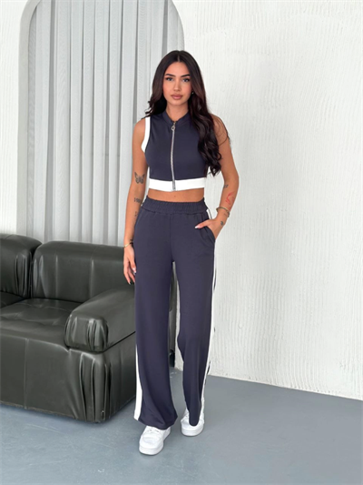 Osy Modal Yumuşak Dokulu Kumaş Tam Fermuarlı Crop Pantalon İkili Takım - Antrasit
