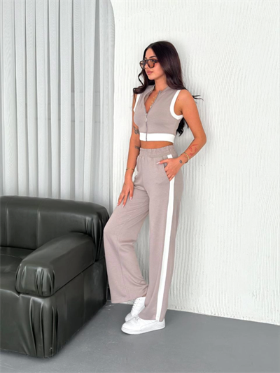 Osy Modal Yumuşak Dokulu Kumaş Tam Fermuarlı Crop Pantalon İkili Takım - Gri