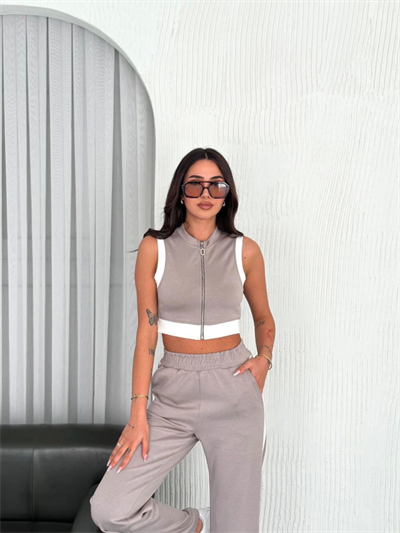 Osy Modal Yumuşak Dokulu Kumaş Tam Fermuarlı Crop Pantalon İkili Takım - Gri