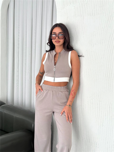 Osy Modal Yumuşak Dokulu Kumaş Tam Fermuarlı Crop Pantalon İkili Takım - Gri