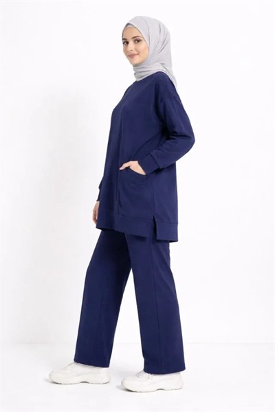 Osy Modal Yumuşak Dokulu Kumaş Tesettür Cepli Tunik Pantolon Takım - Lacivert