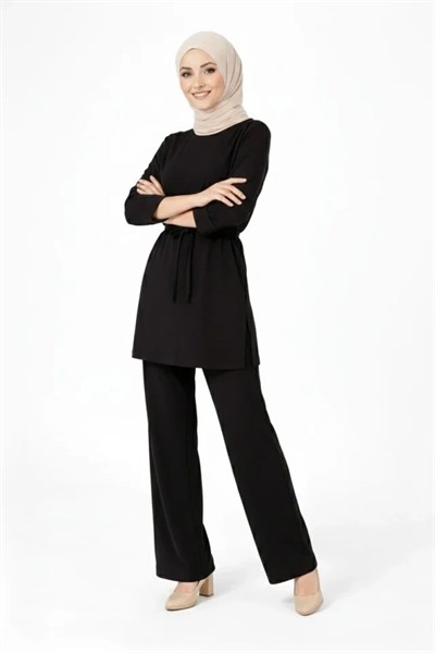 Osy Modal Yumuşak Dokulu Kuşaklı Tesettür Takım Salaş Kalıp 4/3 Kol Katlanmış Kol İkili Takım - Siyah