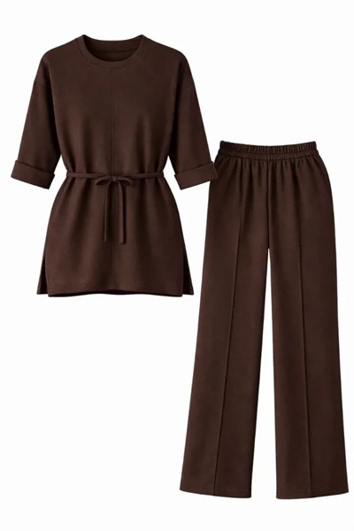 Osy Modal Yumuşak Dokulu Kuşaklı Tesettür Takım Salaş Kalıp 4/3 Kol Katlanmış Kol İkili Takım - Kahverengi