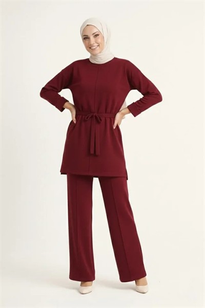 Osy Modal Yumuşak Dokulu Kuşaklı Tesettür Takım Salaş Kalıp 4/3 Kol Katlanmış Kol İkili Takım - Bordo