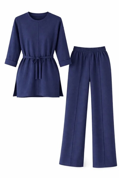 Osy Modal Yumuşak Dokulu Kuşaklı Tesettür Takım Salaş Kalıp 4/3 Kol Katlanmış Kol İkili Takım - Lacivert