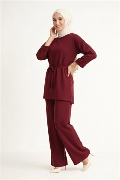 Osy Modal Yumuşak Dokulu Kuşaklı Tesettür Takım Salaş Kalıp 4/3 Kol Katlanmış Kol İkili Takım - Bordo