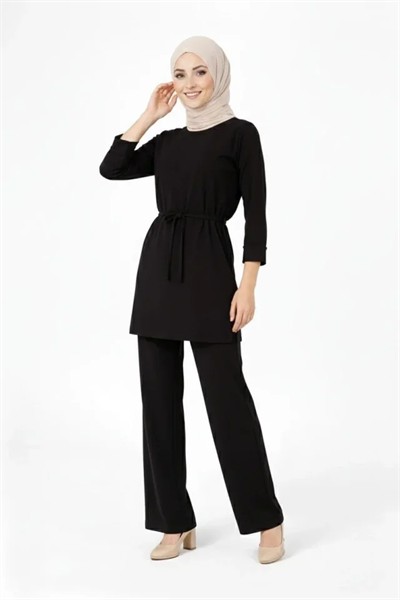 Osy Modal Yumuşak Dokulu Kuşaklı Tesettür Takım Salaş Kalıp 4/3 Kol Katlanmış Kol İkili Takım - Siyah