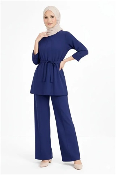 Osy Modal Yumuşak Dokulu Kuşaklı Tesettür Takım Salaş Kalıp 4/3 Kol Katlanmış Kol İkili Takım - Lacivert