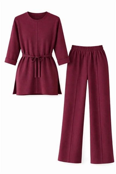 Osy Modal Yumuşak Dokulu Kuşaklı Tesettür Takım Salaş Kalıp 4/3 Kol Katlanmış Kol İkili Takım - Bordo