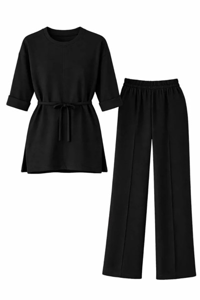 Osy Modal Yumuşak Dokulu Kuşaklı Tesettür Takım Salaş Kalıp 4/3 Kol Katlanmış Kol İkili Takım - Siyah