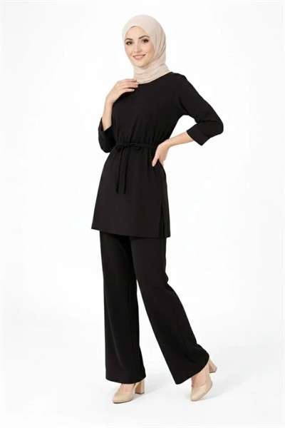 Osy Modal Yumuşak Dokulu Kuşaklı Tesettür Takım Salaş Kalıp 4/3 Kol Katlanmış Kol İkili Takım - Siyah