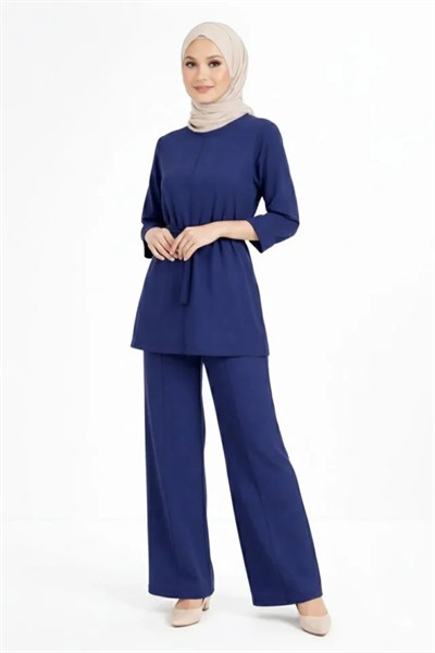 Osy Modal Yumuşak Dokulu Kuşaklı Tesettür Takım Salaş Kalıp 4/3 Kol Katlanmış Kol İkili Takım - Lacivert