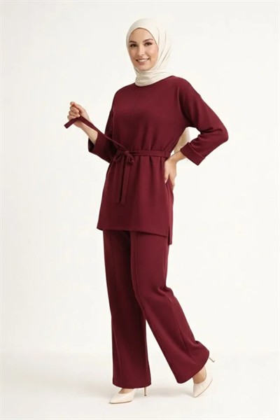 Osy Modal Yumuşak Dokulu Kuşaklı Tesettür Takım Salaş Kalıp 4/3 Kol Katlanmış Kol İkili Takım - Bordo