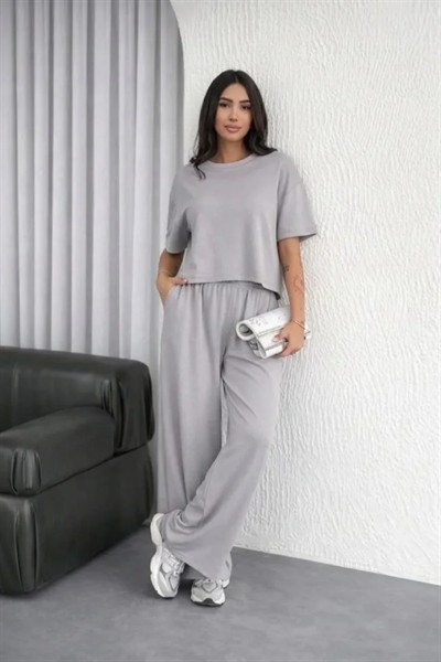 Osy Modal Yumuşak Dokulu Şalaş Oversize İkili Takım Bol Paça Pantolonlu Rahat Günlük Takım - Gri