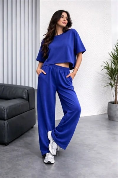 Osy Modal Yumuşak Dokulu Şalaş Oversize İkili Takım Bol Paça Pantolonlu Rahat Günlük Takım - Saks Mavisi