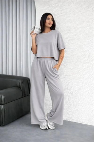 Osy Modal Yumuşak Dokulu Şalaş Oversize İkili Takım Bol Paça Pantolonlu Rahat Günlük Takım - Gri