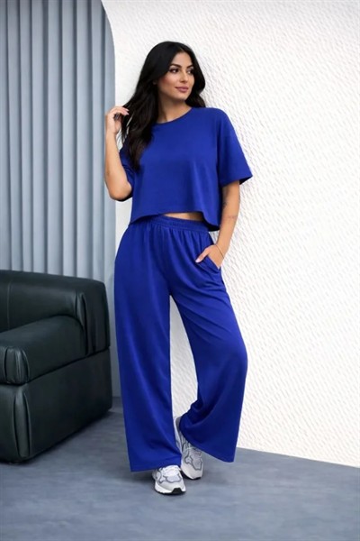 Osy Modal Yumuşak Dokulu Şalaş Oversize İkili Takım Bol Paça Pantolonlu Rahat Günlük Takım - Saks Mavisi