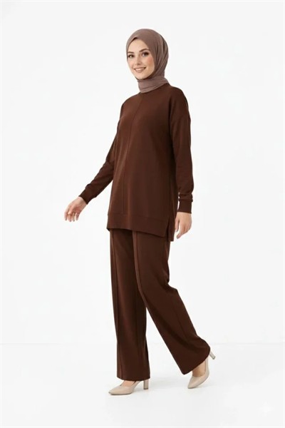 Osy Modal Yumuşak Dokulu Tesettür İkili Takım Yan Yırtmaçlı Uzun Tunik Ve Düz Paça Pantolon, Salaş Kalıp - Kahverengi