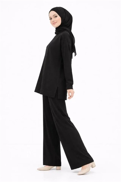 Osy Modal Yumuşak Dokulu Tesettür İkili Takım Yan Yırtmaçlı Uzun Tunik Ve Düz Paça Pantolon, Salaş Kalıp - Siyah