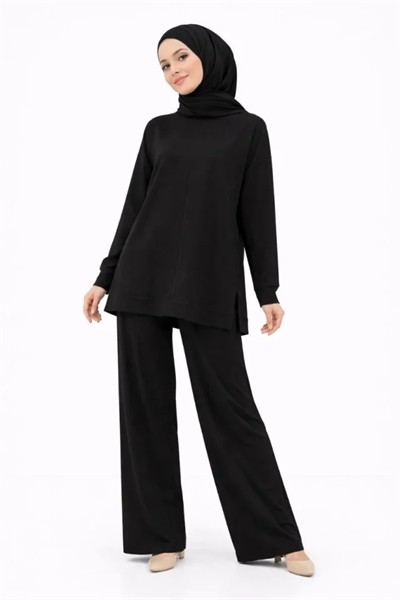 Osy Modal Yumuşak Dokulu Tesettür İkili Takım Yan Yırtmaçlı Uzun Tunik Ve Düz Paça Pantolon, Salaş Kalıp - Siyah