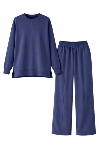 Osy Modal Yumuşak Dokulu Tesettür İkili Takım Yan Yırtmaçlı Uzun Tunik Ve Düz Paça Pantolon, Salaş Kalıp - Lacivert