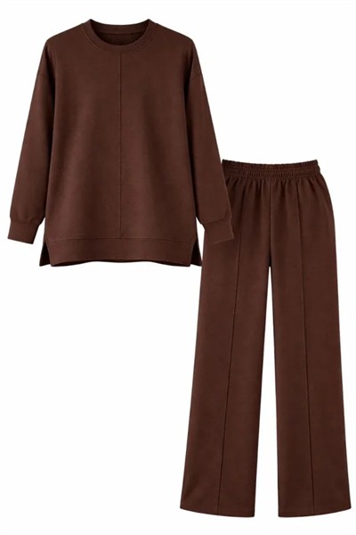 Osy Modal Yumuşak Dokulu Tesettür İkili Takım Yan Yırtmaçlı Uzun Tunik Ve Düz Paça Pantolon, Salaş Kalıp - Kahverengi