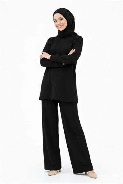 Osy Modal Yumuşak Dokulu Tesettür İkili Takım Yan Yırtmaçlı Uzun Tunik Ve Düz Paça Pantolon, Salaş Kalıp - Siyah