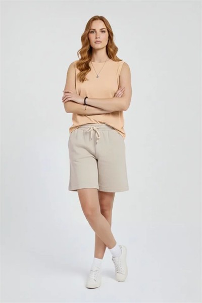 Oversize Atlet Salaş Kalıp Bisiklet Yaka Basic Yazlık Spor Bluz - Bej