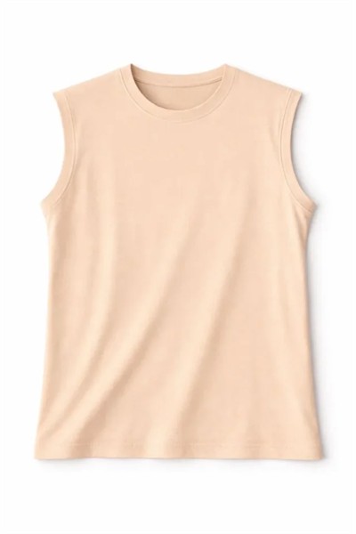 Oversize Atlet Salaş Kalıp Bisiklet Yaka Basic Yazlık Spor Bluz - Bej