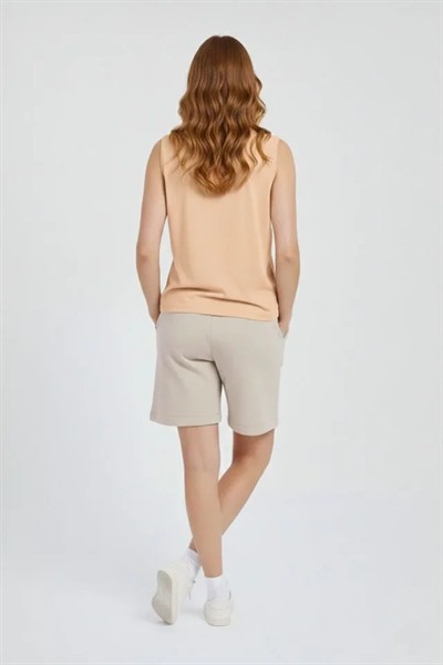 Oversize Atlet Salaş Kalıp Bisiklet Yaka Basic Yazlık Spor Bluz - Bej