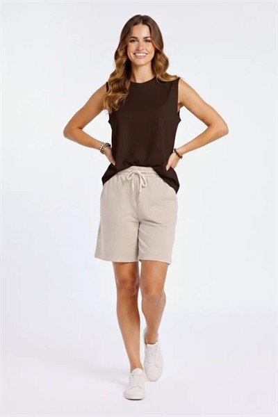 Oversize Atlet Salaş Kalıp Bisiklet Yaka Basic Yazlık Spor Bluz - Kahverengi