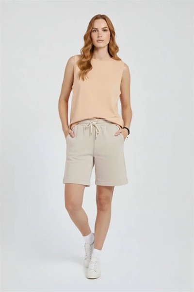 Oversize Atlet Salaş Kalıp Bisiklet Yaka Basic Yazlık Spor Bluz - Bej