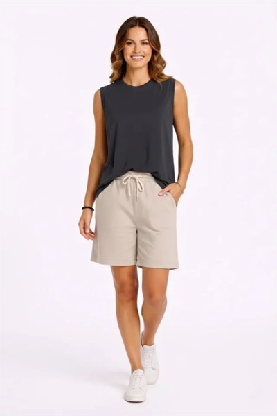 Oversize Atlet Salaş Kalıp Bisiklet Yaka Basic Yazlık Spor Bluz - Füme