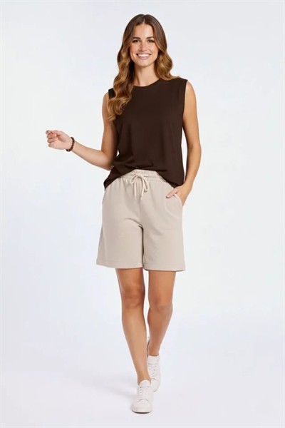 Oversize Atlet Salaş Kalıp Bisiklet Yaka Basic Yazlık Spor Bluz - Kahverengi