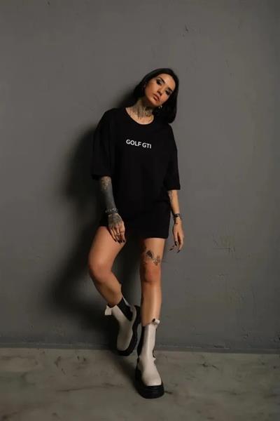Oversize Baskılı Tişört – Golf GTI Retro Araba Desenli, Ön - Arka Dijital Baskı, Sokak Modası Stil - Siyah