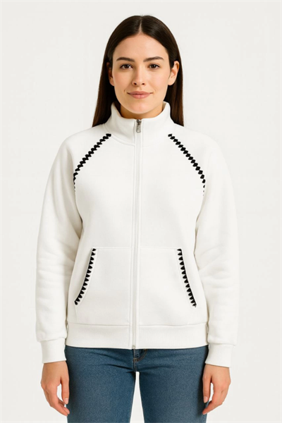Oversize Dik Yaka Fermuarlı Sweatshirt - Zincir Nakışli Kanguru Cepli, - Beyaz