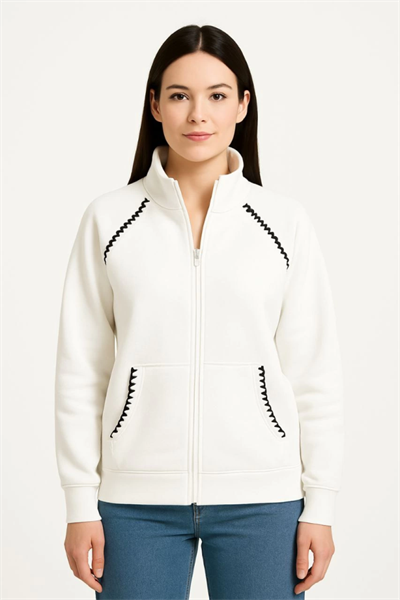 Oversize Dik Yaka Fermuarlı Sweatshirt - Zincir Nakışli Kanguru Cepli, - Beyaz