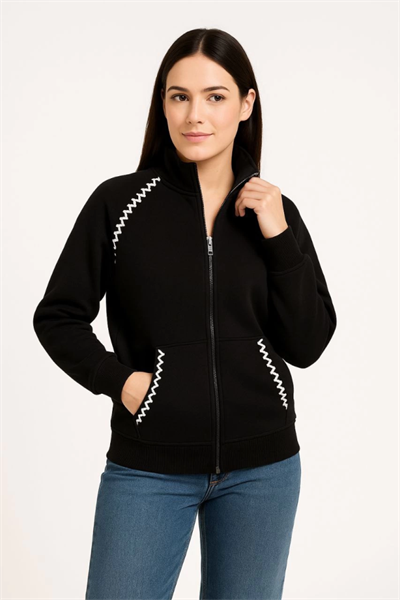 Oversize Dik Yaka Fermuarlı Sweatshirt - Zincir Nakışli Kanguru Cepli, - Siyah