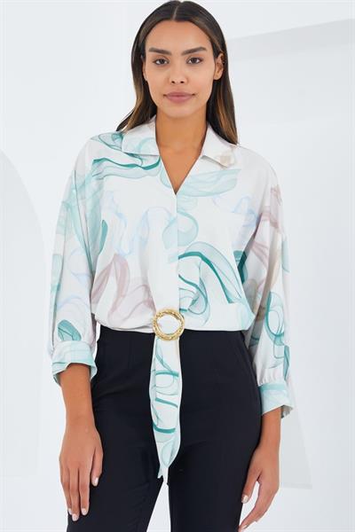 Oversize Dökümlü Crop Saten Gömlek 906 - Mint