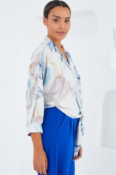 Oversize Dökümlü Crop Saten Gömlek 906 - Mavi