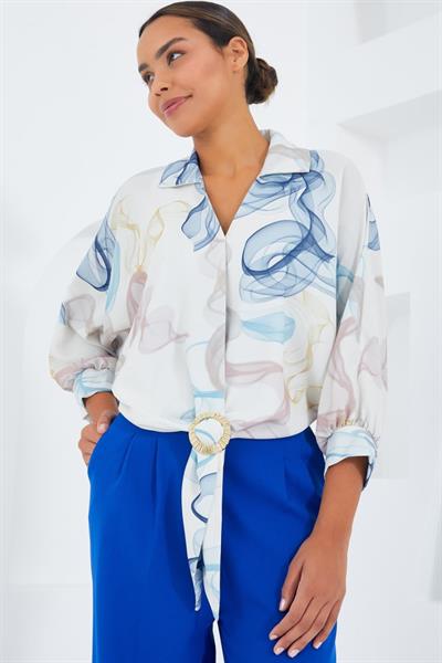 Oversize Dökümlü Crop Saten Gömlek 906 - Mavi