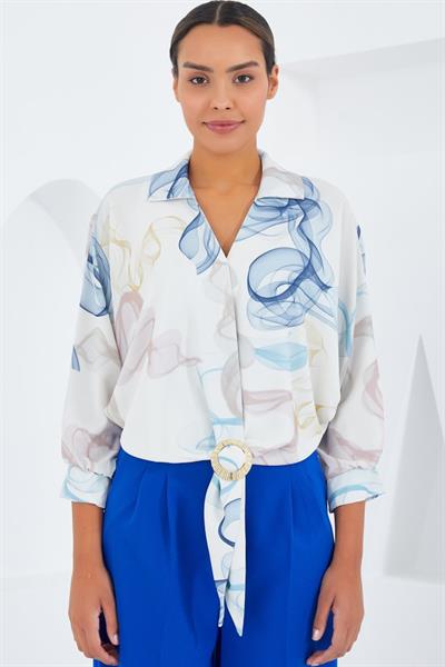 Oversize Dökümlü Crop Saten Gömlek 906 - Mavi