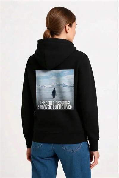 Oversize Hoodie - Sırt Baskılı Survivor Penguin Temalı, Felsefi Yazılı Kapüşonlu Sweatshirt - Siyah