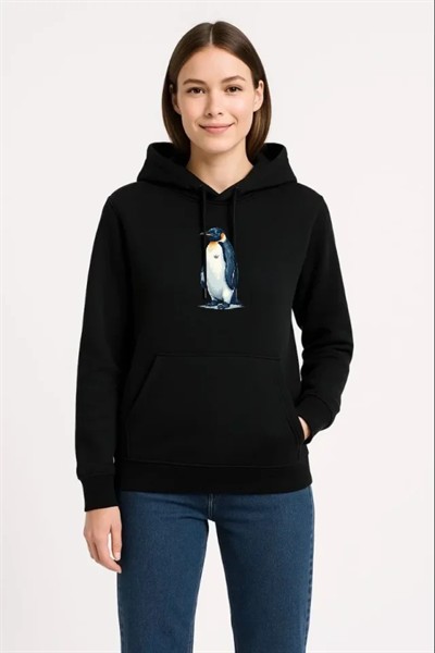 Oversize Hoodie - Sırt Baskılı Survivor Penguin Temalı, Felsefi Yazılı Kapüşonlu Sweatshirt - Siyah