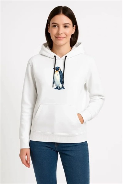 Oversize Hoodie - Sırt Baskılı Survivor Penguin Temalı, Felsefi Yazılı Kapüşonlu Sweatshirt - Beyaz