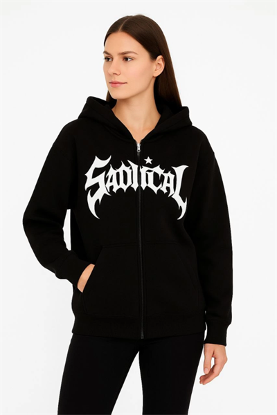 Oversize Kapüşonlu Sweatshirt  Hoodie 3 İplik Şardonlu Pamuklu Kumaş, Önü Baskılı, Fermuarlı Rahat Kalıp, Kışlık Ve Sokak Stili Sweat - Siyah