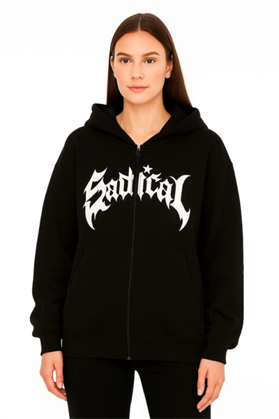 Oversize Kapüşonlu Sweatshirt  Hoodie 3 İplik Şardonlu Pamuklu Kumaş, Önü Baskılı, Fermuarlı Rahat Kalıp, Kışlık Ve Sokak Stili Sweat - Siyah