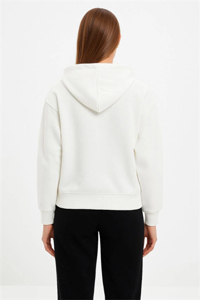 Oversize Kapüşonlu Sweatshirt Hoodie 3 İplik Şardonlu Pamuklu Kumaş, Önü Baskılı, Fermuarlı Rahat Kalıp, Kışlık Ve Sokak Stili Sweat - Beyaz