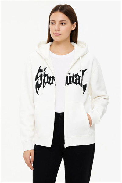 Oversize Kapüşonlu Sweatshirt Hoodie 3 İplik Şardonlu Pamuklu Kumaş, Önü Baskılı, Fermuarlı Rahat Kalıp, Kışlık Ve Sokak Stili Sweat - Beyaz